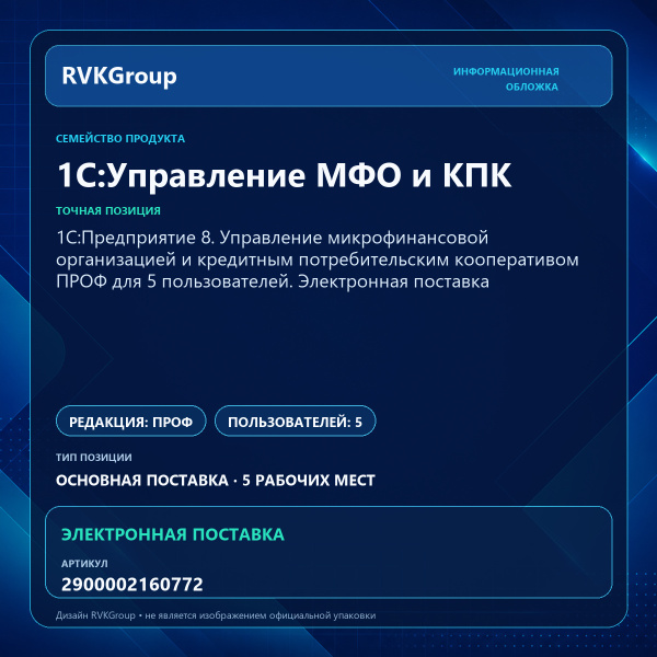 Информационная обложка RVKGroup — 1С:Предприятие 8. Управление микрофинансовой организацией и кредитным потребительским кооперативом ПРОФ для 5 пользователей. Электронная поставка